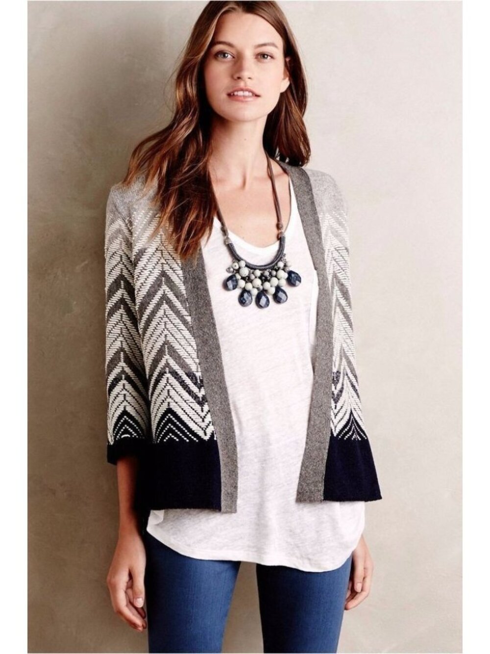 Moth Anthropologie Gray & White Chevron Wool Blend Cardigan, Size M